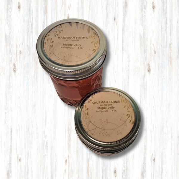 top view of jelly jar label reading kaufman farms maple jelly refrigerate