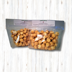 clear bag showing maple popcorn with peanuts